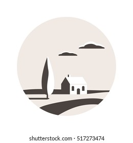  Paisaje rural. Valle con árbol, nubes y casa. Logo de Home. Icono de la casa. Diseño de ilustración de vector