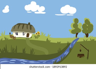 Rural landscape, vector drawing, art, house, illustration.