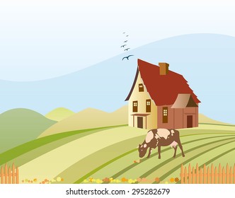 Rural landscape Vector illustration. Illustration of beautiful summer village with house and a grazing cow on the hills.Illustration of cute house. Cow grazing in a meadow.