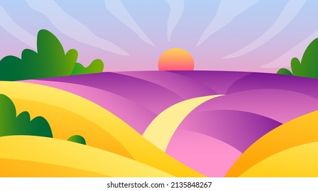 Rural landscape vector illustration. Farm agriculture colorful concept. Horizon view of wheat hills valley. Sunny day summer weather. Sunset meadow outdoor wallpaper. Countryside lavender field scene.