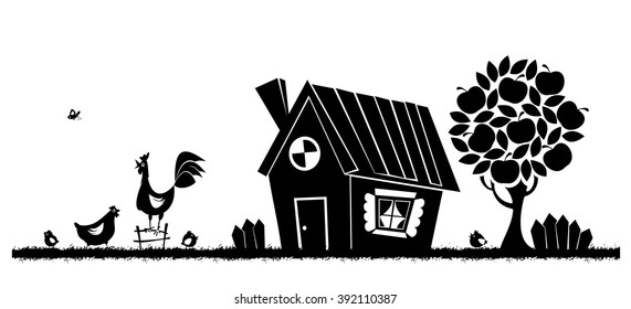 Rural landscape. Vector silhouettes on the white background.