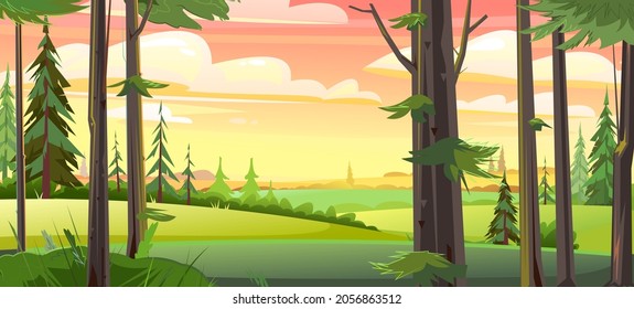 Rural landscape. View from the forest. Landscape with wild plants in the morning. Illustration in cartoon style flat design. Vector.