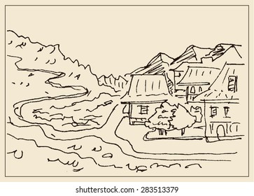 Rural landscape view, in hand drawn sketch vintage style, for travel and tourism business design