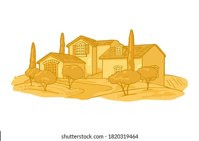 Rural landscape with villa or farm with field, olive tree and cypress. Vector vintage color illustration. Isolated on white background.