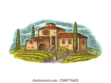 Rural landscape with villa or farm with field, vineyard, olive tree and cypress. Vector engraving vintage black illustration. Isolated on white background.