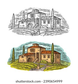 Rural landscape with villa or farm with field, vineyard, olive tree and cypress. Vector engraving vintage black and color illustration. Isolated on white