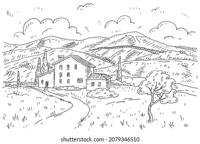 Rural landscape with villa, fields and hills. Black vector vintage engraving isolated on white background. Hand draw design illustration for label or poster.