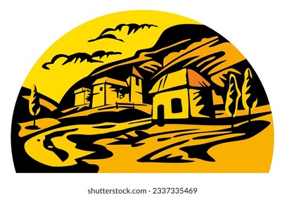 Rural landscape with villa, trees, fields and hills. Vector illustration. Hand draw design illustration for label or poster.