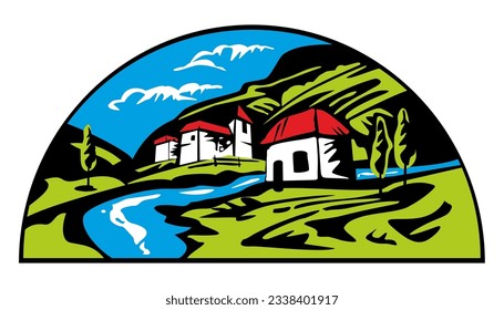 Paisaje rural con villa, árboles, campos y colinas. Ilustración vectorial plana. Dibujar a mano ilustración de diseño para etiqueta o afiche.