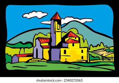 Rural landscape with villa, trees, fields and hills. Flat vector illustration. Hand draw design illustration for label or poster.