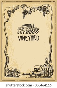 Rural landscape with villa and vineyard fields. Bunch of grapes, a bottle, a glass and a jug of wine on old paper texture background. Vintage vector black illustration. Hand drawn design element