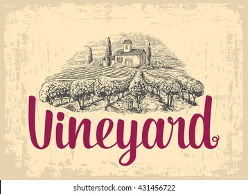 Rural landscape with villa, vineyard fields and hills. Vector engraving drawn vintage illustration. Old paper beige texture background. For label, poster, horizontal banner