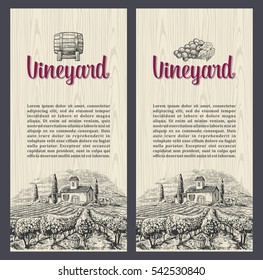 Rural Landscape With Villa, Vineyard Fields And Hills. Vector Engraving Drawn Vintage Illustration. Wood Texture Background. For Label, Poster, Vertical Banner.