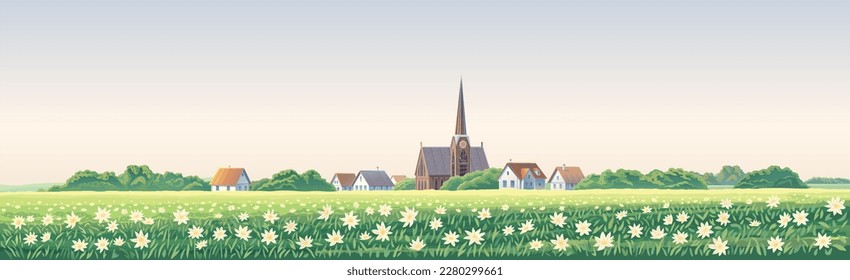 Rural landscape with a village in the background and a flowering meadow with a carpet of large flowers in the foreground. Vector illustration.