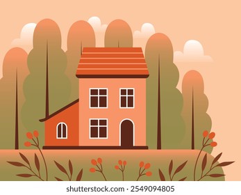 Rural landscape. Village cottage and autumn forest. Cute simple vector illustration of cozy house near with trees, flowers, leaves, berries. Hello autumn. Cartoon background. Flat Design.