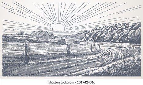 Rural landscape with village in engraving style. Vector Illustration.