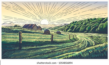 Rural landscape with village in engraving style and painted in color. Vector Illustration.