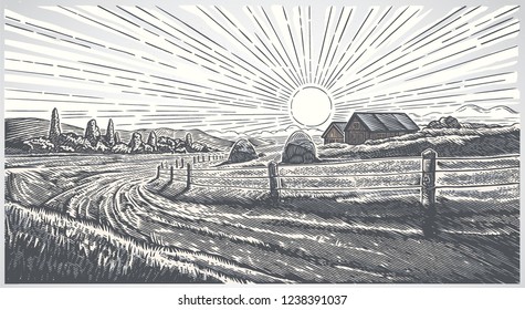 Rural landscape with village in engraving style. Vector Illustration.