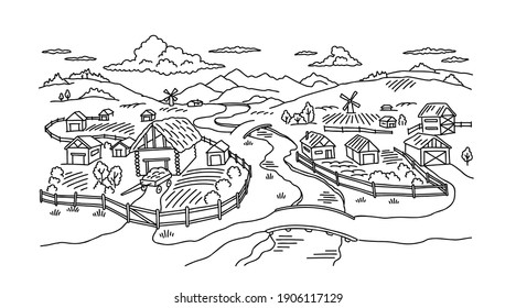 Rural landscape. Village field and the hills. Huts and farm fences. Hand drawn sketch. Countryside. Contour vector line. River and bridge.