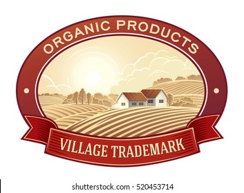 Rural landscape with village in the frame, a graphic design element for the create of the label.