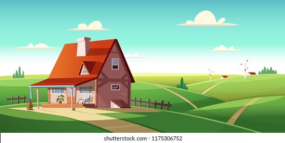 Rural landscape with village house on green fields.