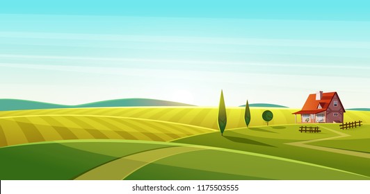 Rural landscape with village house on green fields and rye fields.