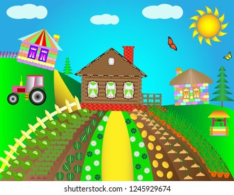 Rural landscape with village houses. Children's colorful houses on the background of a meadow and blue sky.