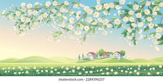 Rural landscape with village houses, and with a field full of blooming flowers, and hills illuminated by the sun, with a graphically drawn sky.