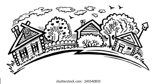 rural landscape. village houses and trees. black and white image