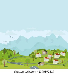 Paisaje rural con la aldea y la carretera a través de colinas onduladas ilustraciones vectoriales