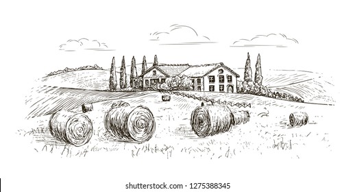 Rural landscape, village sketch. Farm, vintage vector illustration