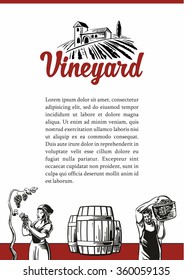 Rural landscape, vineyard fields and hills, barrel, harvest the grapes. Engraving vintage vector black illustration. Isolated on white background.