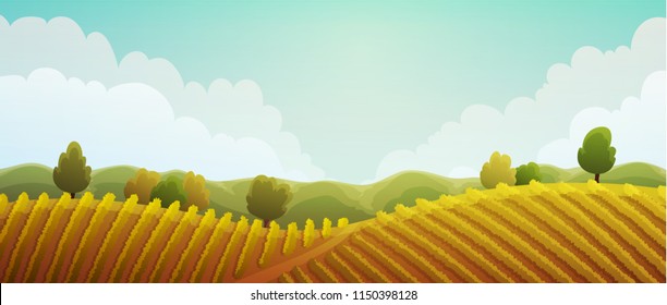 
Rural landscape of vineyard. Golden vines on hills with trees and mountains in background. Autumn season. Vector illustration.