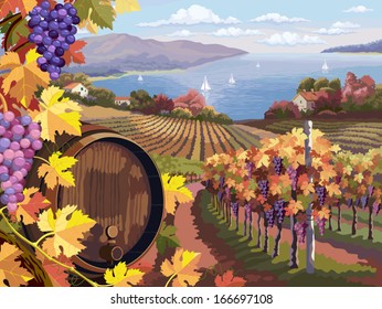 Rural landscape with vineyard and grapes bunches and wooden barrel for wine.