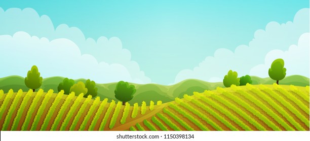 Rural landscape of vineyard. Green vines on hills with trees and mountains in background. Summer season. Vector illustration.