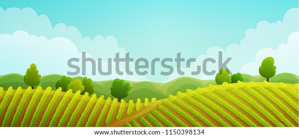 Rural landscape of vineyard. Green vines on\
hills with trees and mountains in background. Summer season. Vector\
illustration.