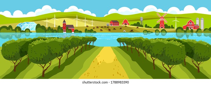 Rural landscape with vineyard, lake, village houses, mill, barn, green hills, fields. Horizontal rural view with greenhouse, farm buildings, livestock, sky, river, clouds. Countryside summer landscape
