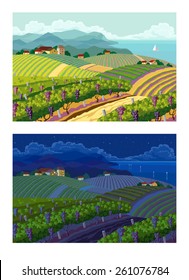 Rural landscape with vineyard and mountain panoram. Day and night.