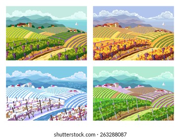 Rural Landscape With Vineyard And Mountain Panoram. Four Season.