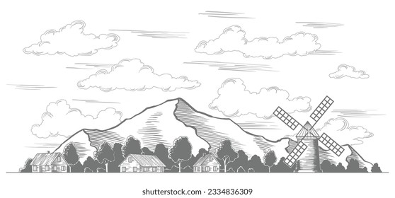 Rural landscape. Vintage meadow with high mountains and clouds, village vintage sketch. Hand drawn farm land vector illustration