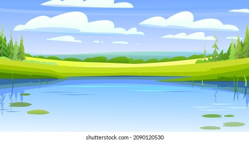 Rural landscape. Water pond or river bank with water lily leaves. Horizontal village nature illustration. Cute country hills. Flat style. Vector.