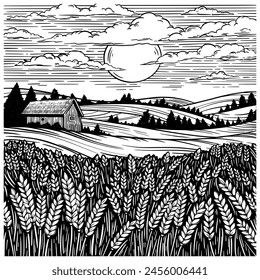 Rural landscape with wheat field, house and hillside. Vector black and white ink illustration in sketch line style.