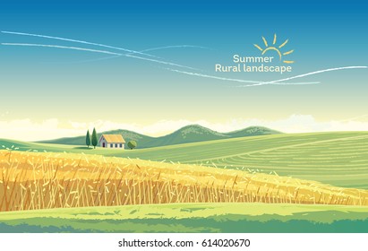 Rural landscape with wheat field and house on the hill. Vectoran illustration.