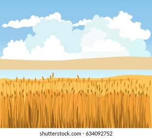 Rural landscape with wheat field. Vector illustration