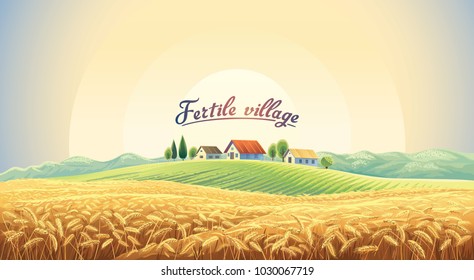 Rural landscape with a wheat field and a village on a hill. Vector illustration.
