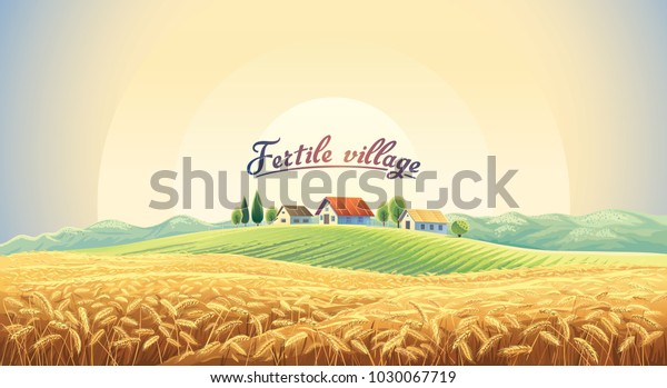 小麦畑と丘の上の村を持つ田園風景 ベクターイラスト のベクター画像素材 ロイヤリティフリー