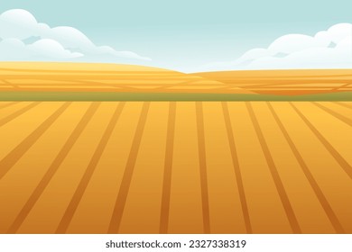 Rural landscape with wheat fields and green hills with blue clear sky on background vector illustration