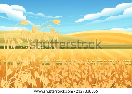 Rural landscape with wheat fields and green hills with blue clear sky on background vector illustration