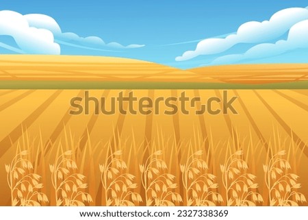 Rural landscape with wheat fields and green hills with blue clear sky on background vector illustration