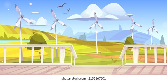 Rural landscape with wind turbines and white wooden house porch. Vector cartoon illustration of summer countryside with power windmills, fields, river, road and terrace with stairs and balustrade